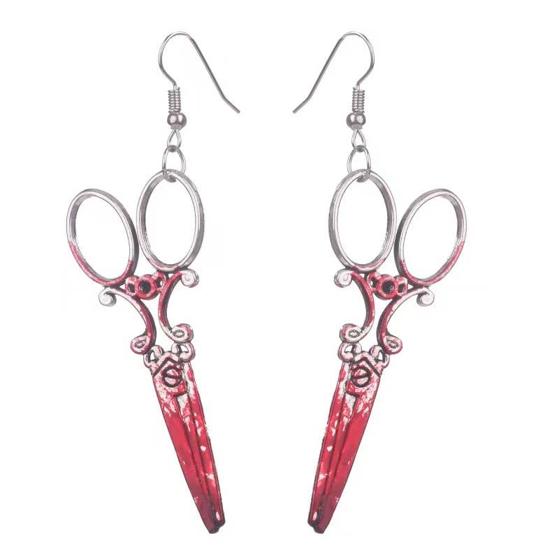 Bloody Scissor Earrings horror jewelry, dangling scissor design with blood-red accents, gothic accessories, bold statement earrings, perfect for Halloween and horror-themed looks.