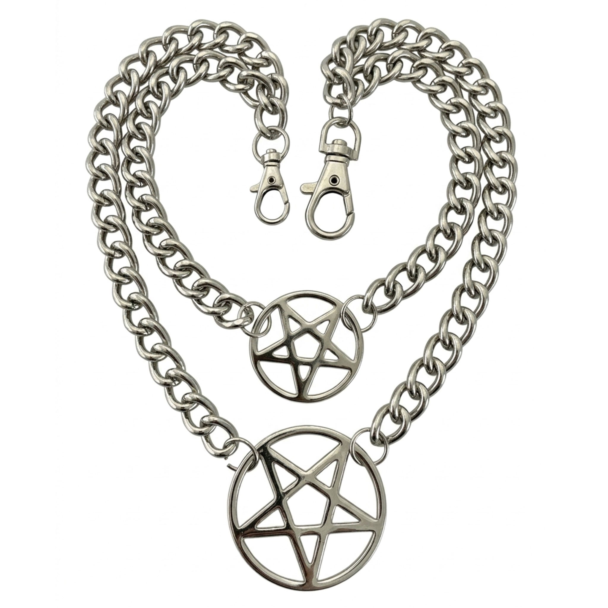 Stainless-steel metallic-chain accessories jewelry jewelry-set 2pc 2-pc two-piece necklace neckwear chain lightweight pentagram double-pentagram pentacle pendant back-closure lobster-clasp shiny glossy lightweight striking fetish fashion alt-fashion alternative punk rock goth gothic hip-hop festival concert streetwear bondage bdsm bdsm-gear costume cosplay halloween halloween-accessories gifts unisex silver
