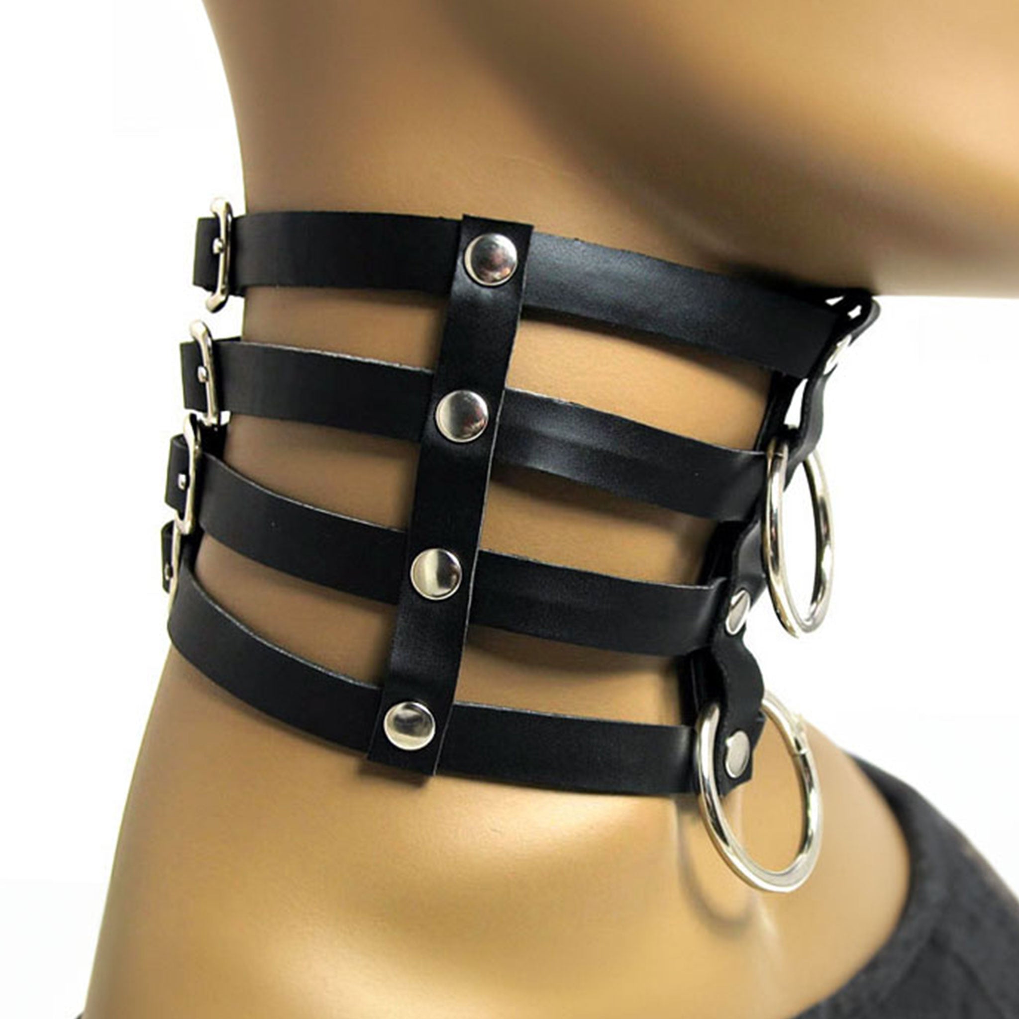 4 Strap Faux Leather Collar With 2 Rings – Fetish Factory