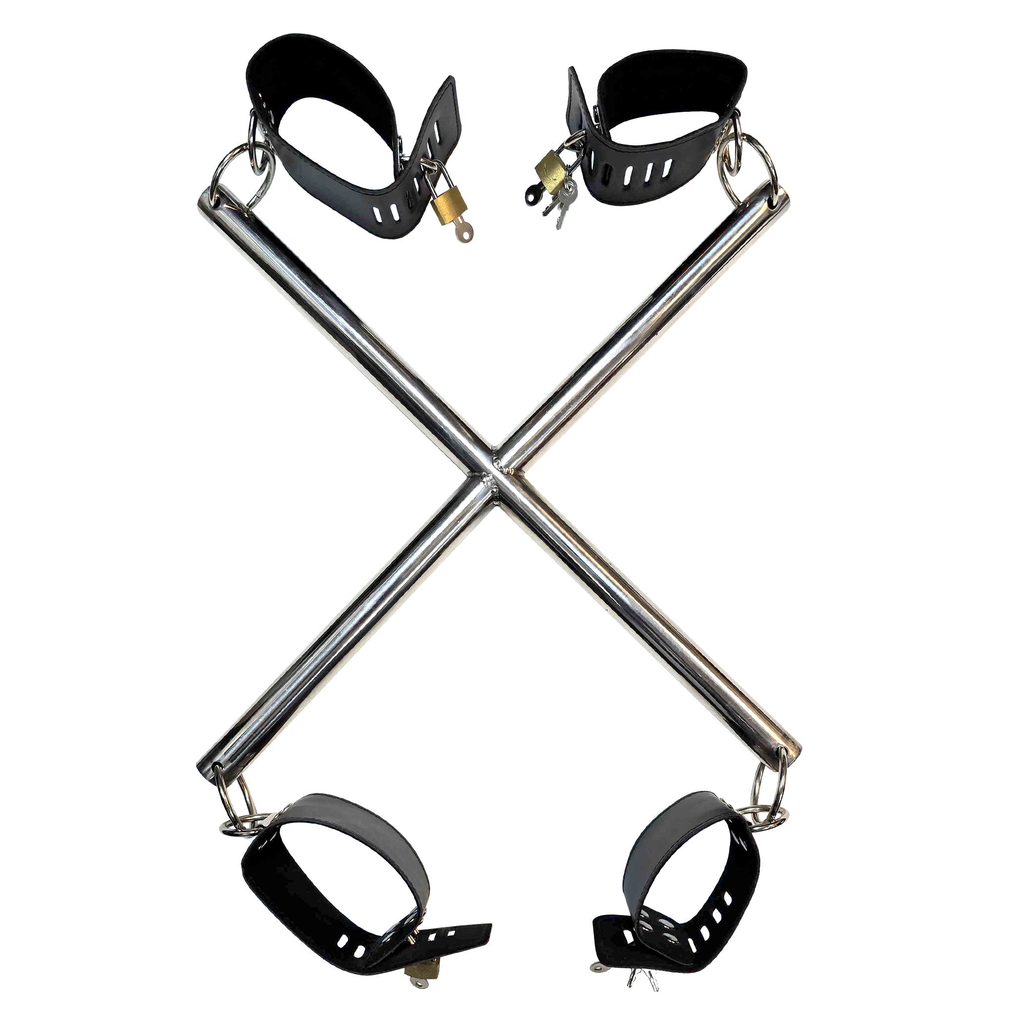 Steel tubular-steel leather faux-leather accessories restraints cuffs ankle-cuff wrist-cuff ankle wrist locking lockable padlock hogtie-hog-tie spreader-bar x-shaped 4-way 4way swivel-cuff O-ring bonded positions durable lightweight bondage bdsm kink kinky-play adult-toys bdsm-toys silver black