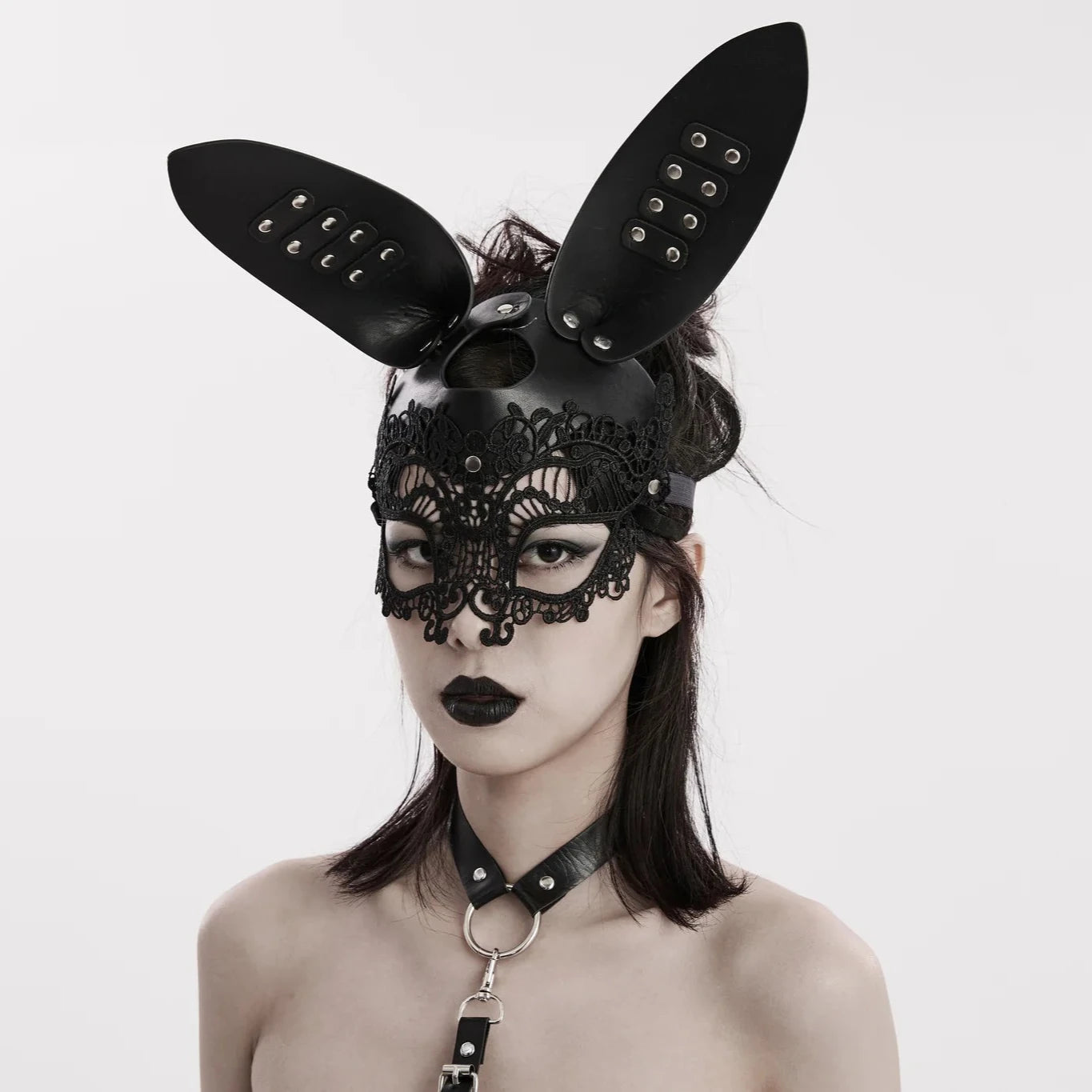 Studded Bunny Ears Mask & Lace Eyes – Black – Sexy fetish bunny ears with studs and lace eyes, BDSM, and roleplay accessories