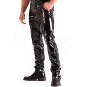 501 style PVC jeans shiny vinyl jeans five pocket PVC pants boot cut fetish jeans glossy black PVC trousers metallic hardware zipper snap closure vinyl fashion kink wear PVC denim style pants glossy fetish bottoms shiny five pocket jeans.