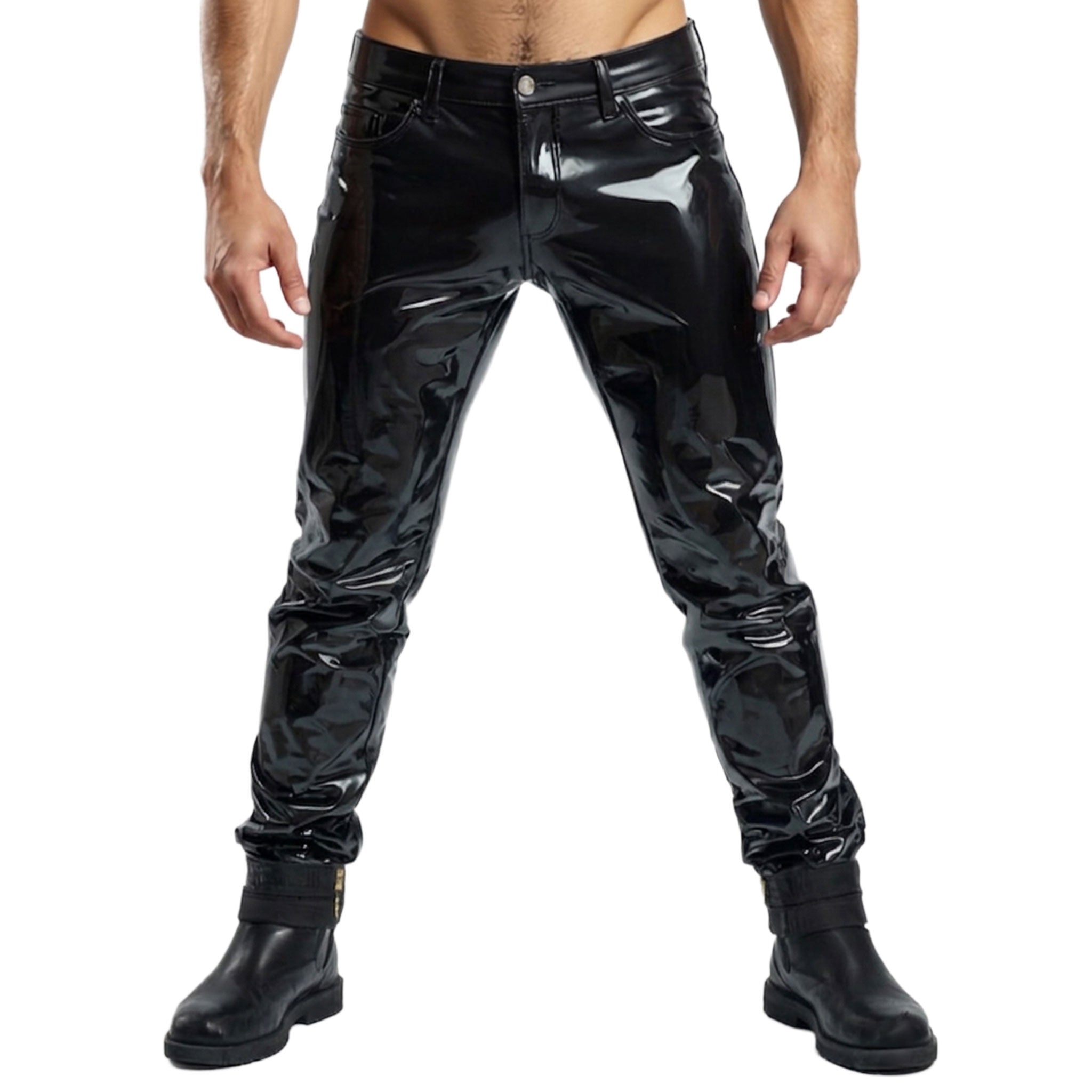 PVC vinyl apparel bottoms pants jeans jeans-style 501-style long-leg boot-cut 5-pocket five-pocket coin-pocket back-pockets patch-pockets front-pockets zipper zip-fly front-fly front-zip button-waistband belt-loops shiny glossy timeless flattering edgy fetish fashion alt-fashion alternative clubwear party kink kinky kinkwear male masculine masc mens menswear guys dudes black