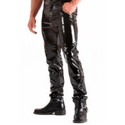 PVC vinyl apparel bottoms pants jeans jeans-style 501-style long-leg boot-cut 5-pocket five-pocket coin-pocket back-pockets patch-pockets front-pockets zipper zip-fly front-fly front-zip button-waistband belt-loops shiny glossy timeless flattering edgy fetish fashion alt-fashion alternative clubwear party kink kinky kinkwear male masculine masc mens menswear guys dudes black