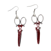 Bloody Scissor Earrings horror jewelry, dangling scissor design with blood-red accents, gothic accessories, bold statement earrings, perfect for Halloween and horror-themed looks.