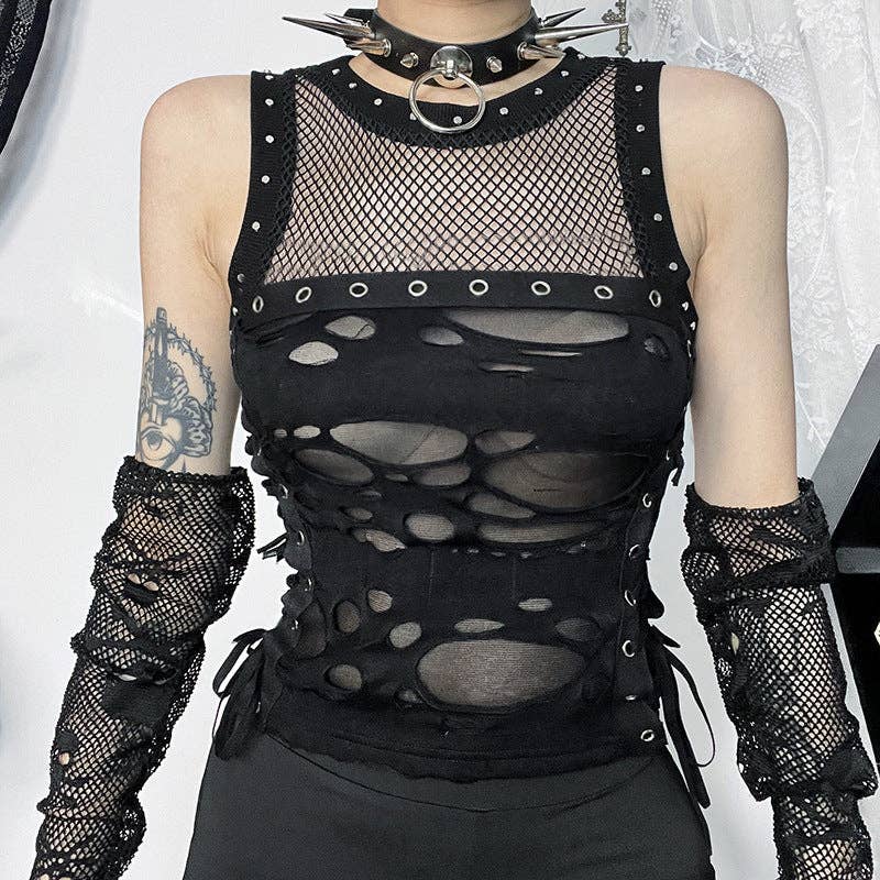 Trendy Black Tank Top With Ripped Details