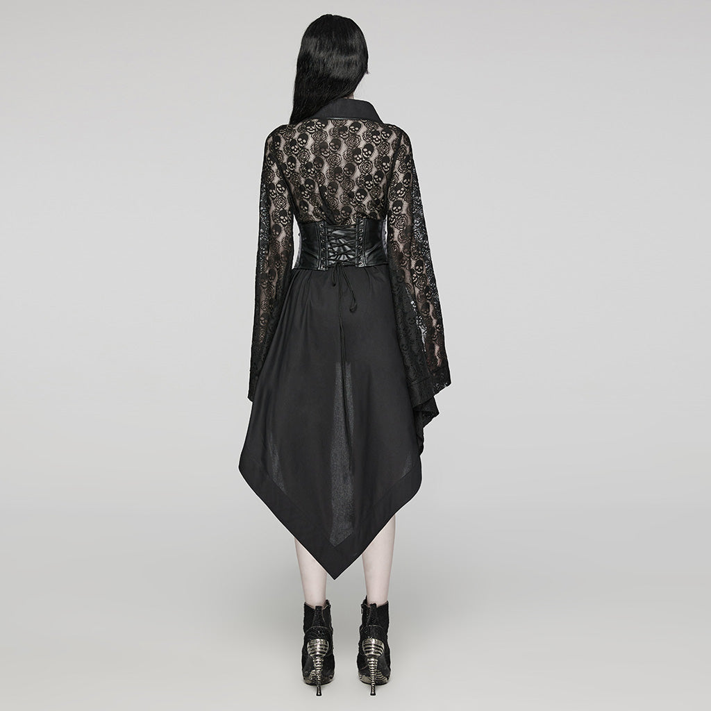 Skull and Rose Lace Asymmetrical Wrap Kimono & Cincher – Gothic kimono with skull and rose lace, featuring an irregular hem and waist-cinching corset – Sexy gothic fashion