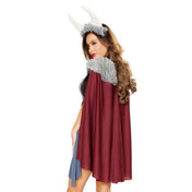 Costume-fabric nylon spandex leather vegan-leather faux-leather polyester faux-fur velcro apparel dress minidress mini-dress V-neck lace-up laceup fur-trim cape midlength-cape accent-belt choker collar O-ring hairband headband horns wolf-pelt form-fitting fashion kink kinky roleplay role-play fantasy hero heroine nordic celtic ancient historical uniform costume cosplay halloween slutty viking female femme feminine women burgundy gray black