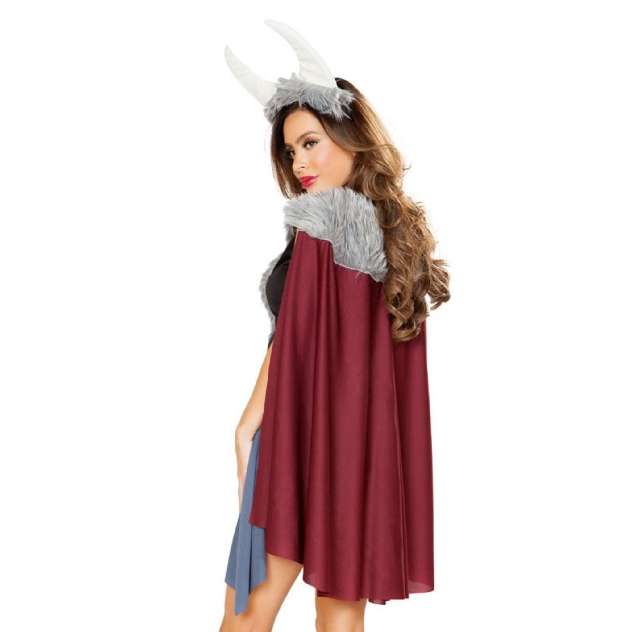 Costume-fabric nylon spandex leather vegan-leather faux-leather polyester faux-fur velcro apparel dress minidress mini-dress V-neck lace-up laceup fur-trim cape midlength-cape accent-belt choker collar O-ring hairband headband horns wolf-pelt form-fitting fashion kink kinky roleplay role-play fantasy hero heroine nordic celtic ancient historical uniform costume cosplay halloween slutty viking female femme feminine women burgundy gray black