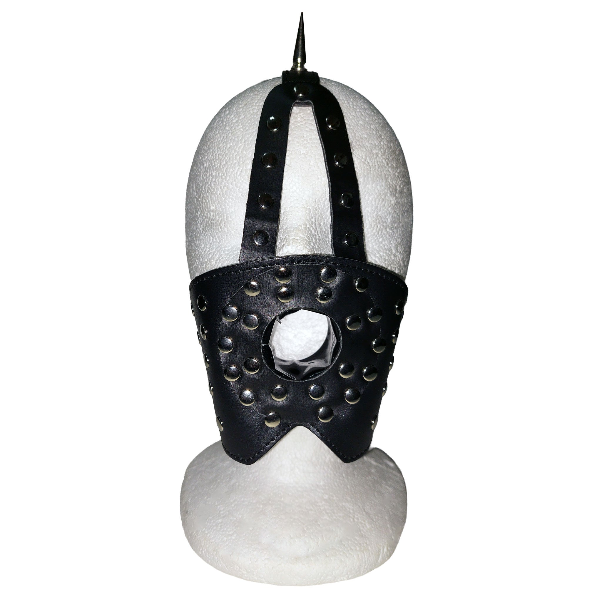 Leather faux-leather vinyl accessories mouth-gag mouthpiece harness head-harness spike spikes spiked mohawk open-hole diamond-cutout studs studded sturdy flexible adjustable buckle edgy intimidating fetish fashion alt-fashion alternative fetishwear punk rock cyber cyberpunk post-apocalyptic festivalwear bondage bdsm bdsm-toys kink kinky kinky-toys kinky-play restraints costume cosplay halloween unisex economy black