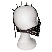 Leather faux-leather vinyl accessories mouth-gag mouthpiece harness head-harness spike spikes spiked mohawk open-hole diamond-cutout studs studded sturdy flexible adjustable buckle edgy intimidating fetish fashion alt-fashion alternative fetishwear punk rock cyber cyberpunk post-apocalyptic festivalwear bondage bdsm bdsm-toys kink kinky kinky-toys kinky-play restraints costume cosplay halloween unisex economy black