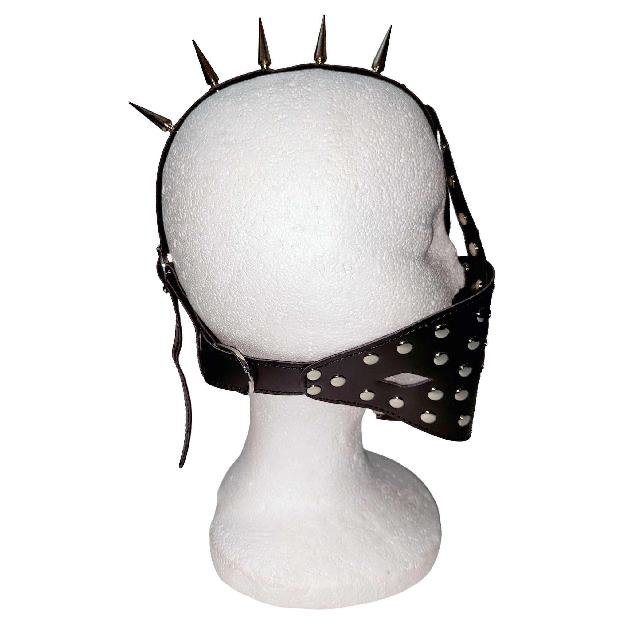 Leather faux-leather vinyl accessories mouth-gag mouthpiece harness head-harness spike spikes spiked mohawk open-hole diamond-cutout studs studded sturdy flexible adjustable buckle edgy intimidating fetish fashion alt-fashion alternative fetishwear punk rock cyber cyberpunk post-apocalyptic festivalwear bondage bdsm bdsm-toys kink kinky kinky-toys kinky-play restraints costume cosplay halloween unisex economy black