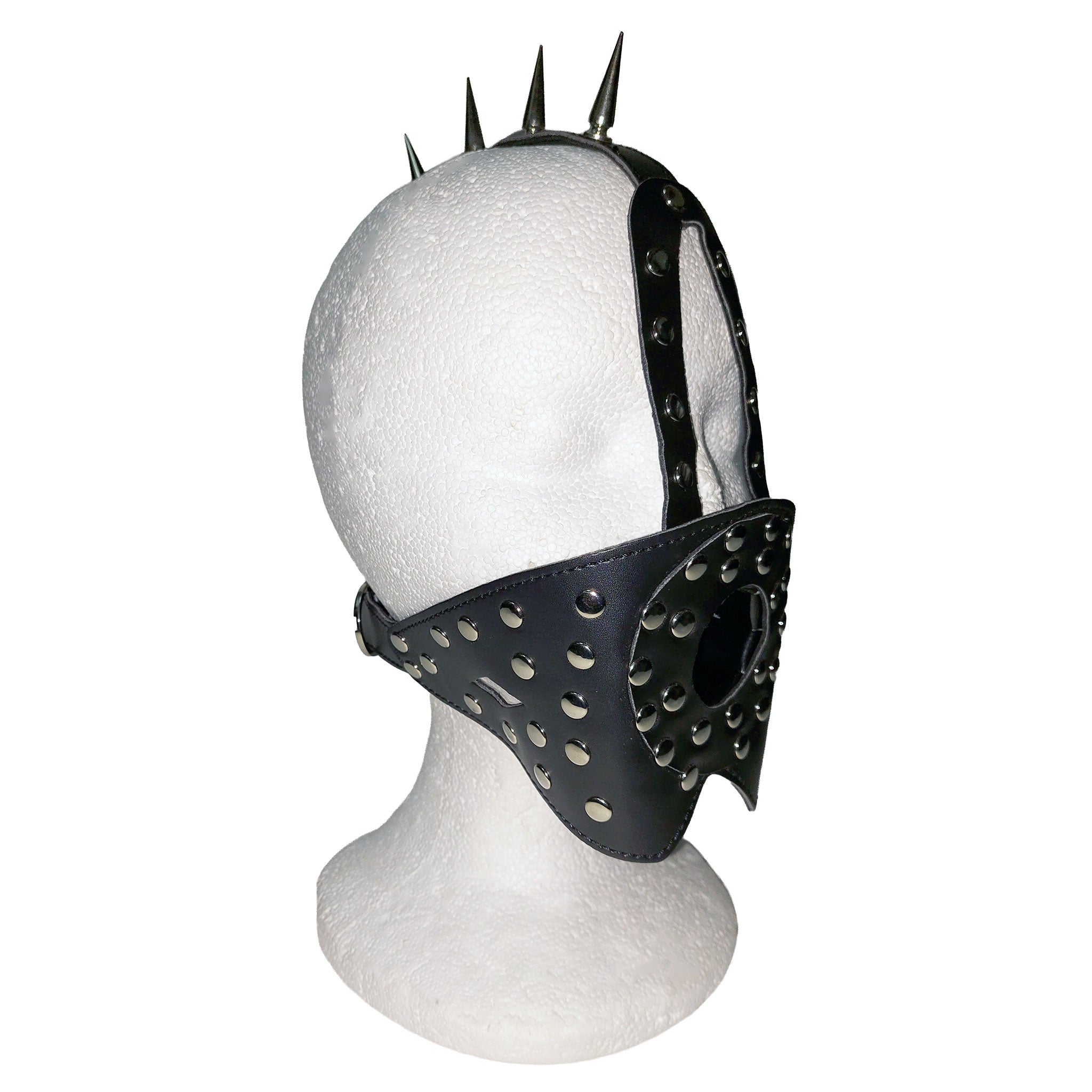 Leather faux-leather vinyl accessories mouth-gag mouthpiece harness head-harness spike spikes spiked mohawk open-hole diamond-cutout studs studded sturdy flexible adjustable buckle edgy intimidating fetish fashion alt-fashion alternative fetishwear punk rock cyber cyberpunk post-apocalyptic festivalwear bondage bdsm bdsm-toys kink kinky kinky-toys kinky-play restraints costume cosplay halloween unisex economy black
