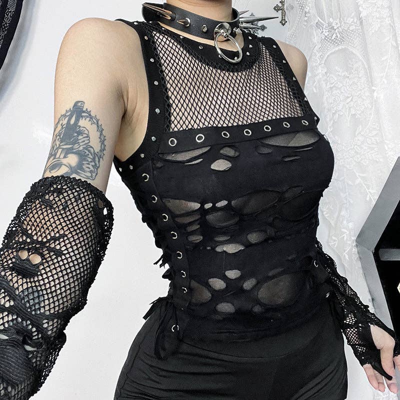 Trendy Black Tank Top With Ripped Details