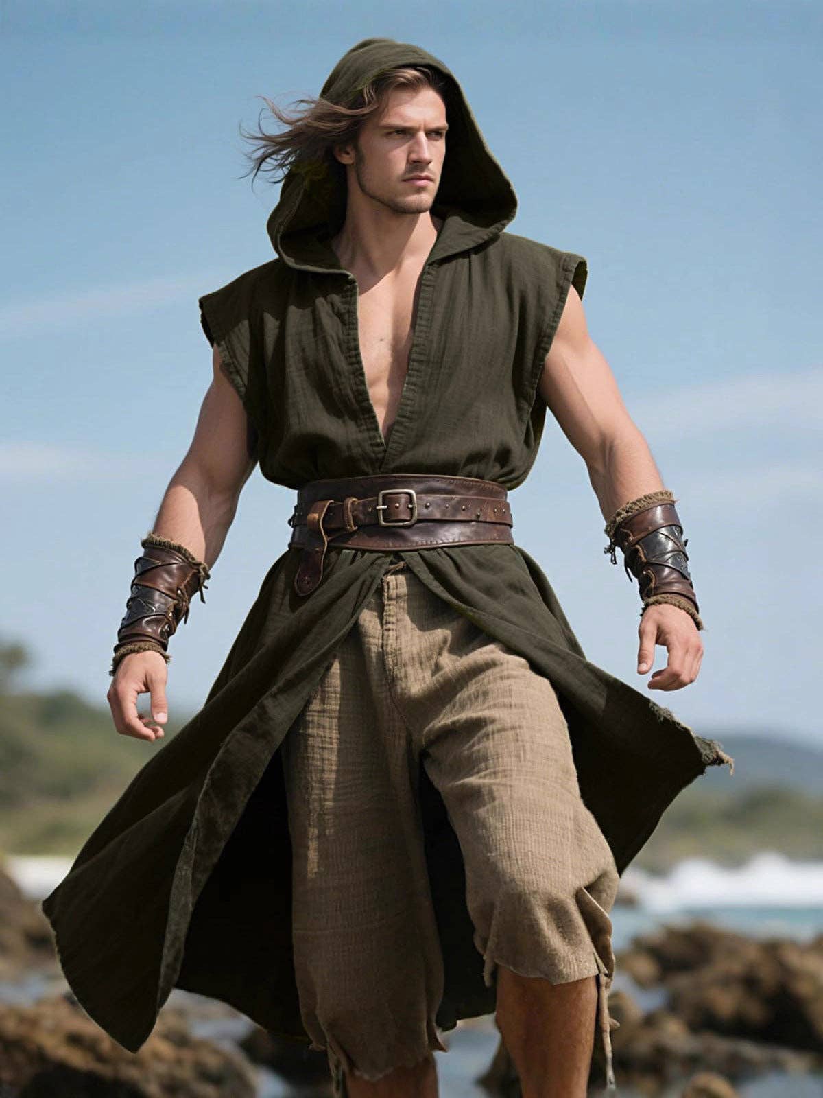 Men's Viking Hooded Sleeveless Coat