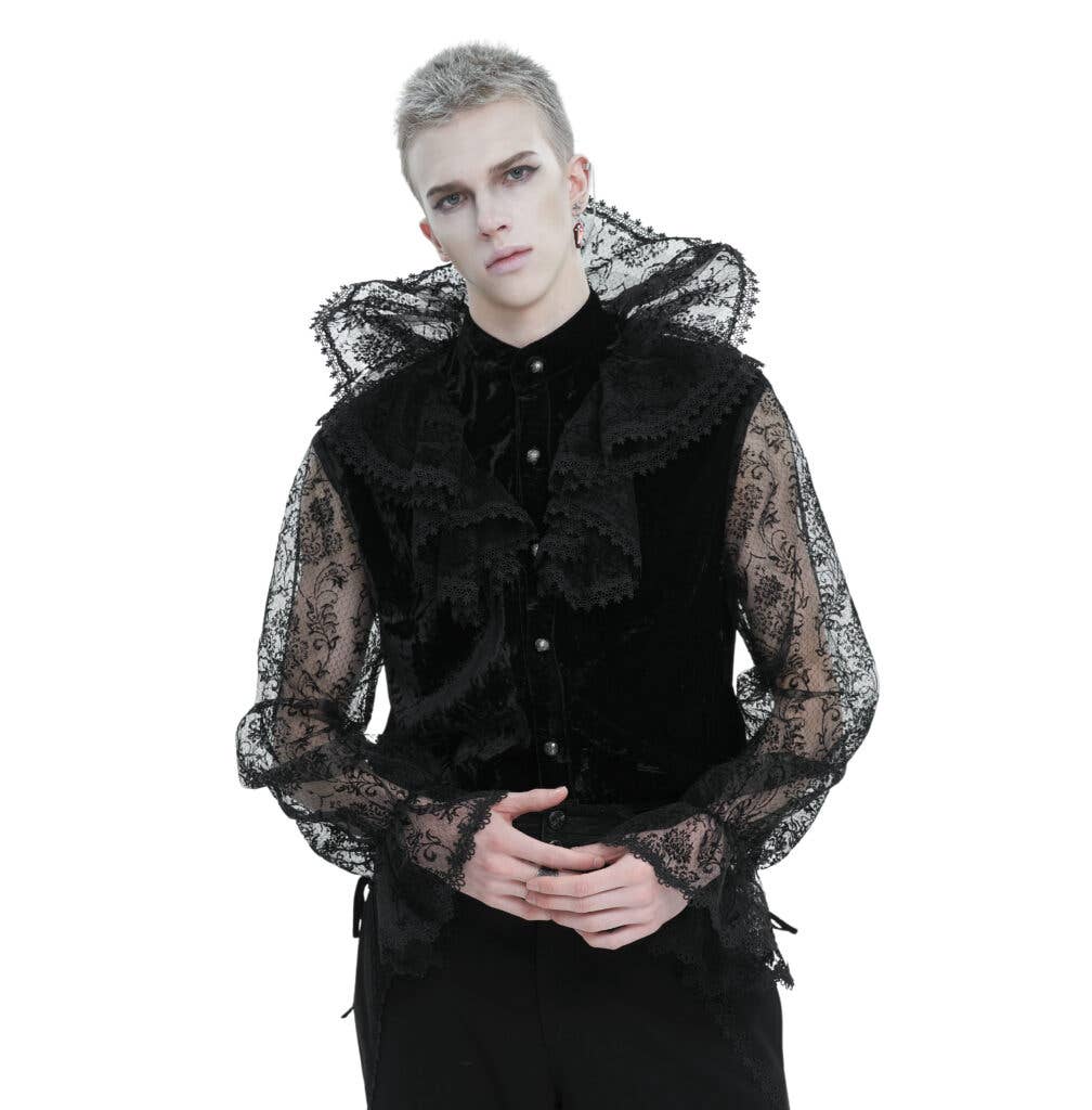 Vamp high lace collar ruffled long sleeve Gothic shirt, Gothic shirt with lace collar and ruffled sleeves, dark fashion high collar Gothic shirt, ruffled sleeve lace collar Gothic shirt, elegant Gothic shirt for dark fashion