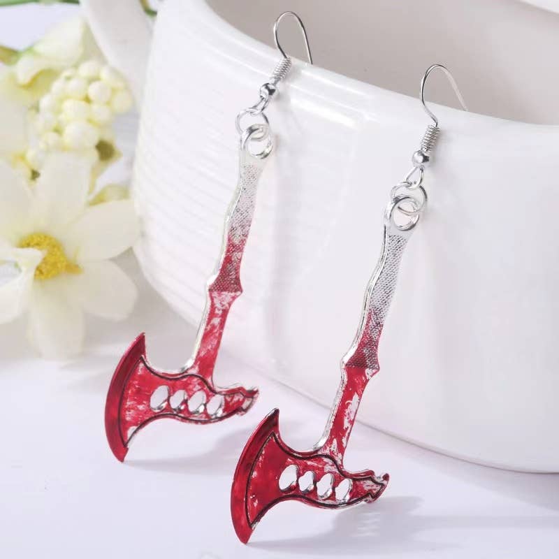 Bloody Axe Earrings horror jewelry, bold and edgy red axe design, perfect for Halloween, gothic accessories, killer statement earrings, sharp and bold earrings for horror lovers.