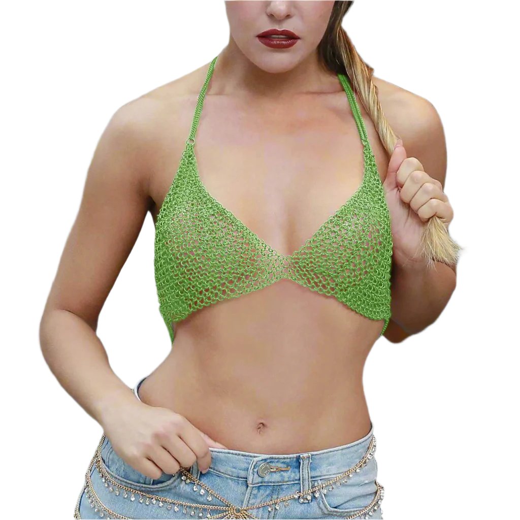 S, sexy green chainmail bra, edgy chainmail festival top, gothic halter neck bra, fetish chainmail lingerie, metal bra top for raves and costumes.






