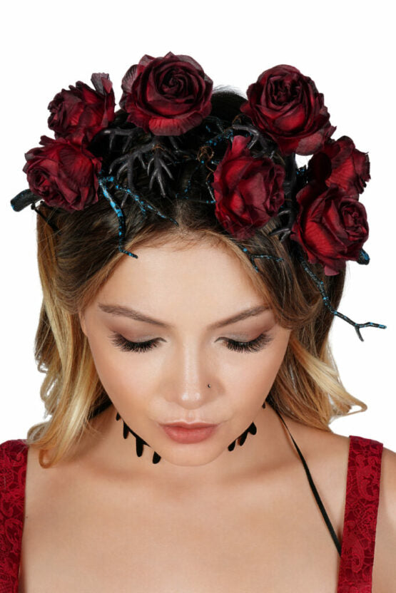 Red Roses Goth Black Thorns Tie-up Headpiece