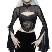 Sheer Black Mesh Top with High Neck and Flared Sleeves