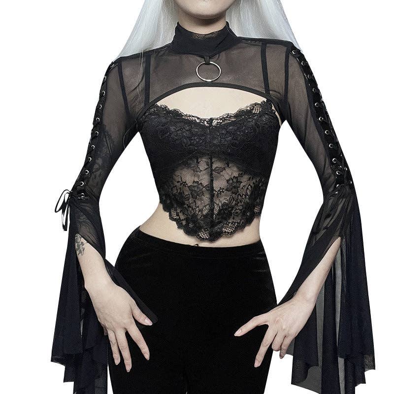 Sheer Black Mesh Top with High Neck and Flared Sleeves