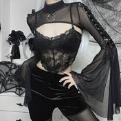 Sheer Black Mesh Top with High Neck and Flared Sleeves