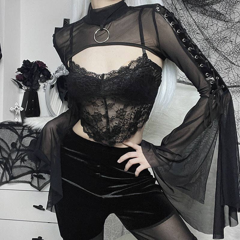 Sheer Black Mesh Top with High Neck and Flared Sleeves