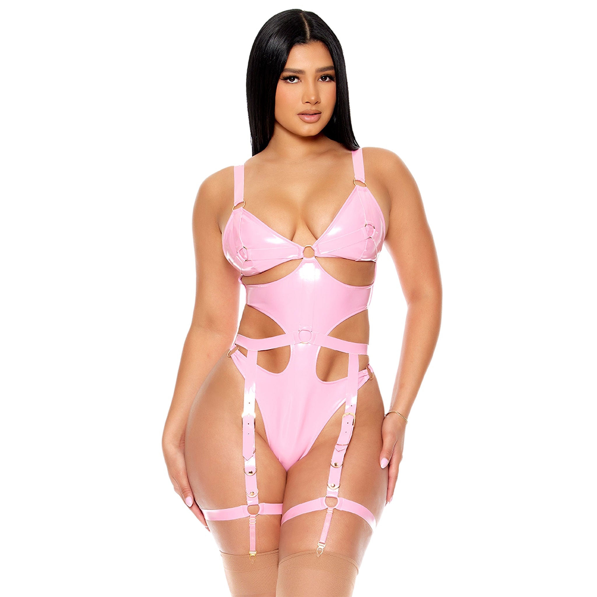 PVC vinyl glossy stretch lingerie teddy harness garter buckle intimates sexy pink