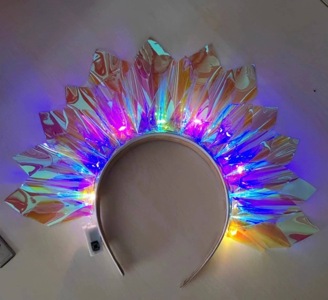 Holographic LED headband crown, multicolor LED festival crown, holographic light-up rave headband, multicolor LED holographic crown for festivals, adjustable LED headband with holographic design