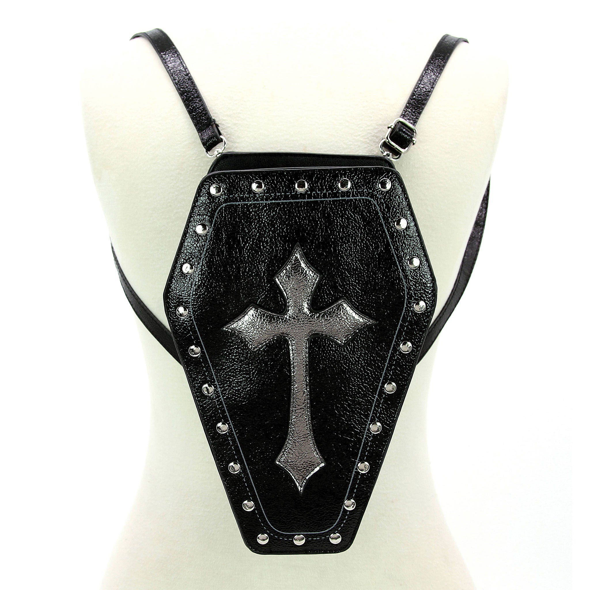 Studded vinyl convertible coffin bag with metallic cross