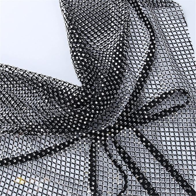 Tie-Back Rhinestone Fishnet Halter Top Black O/S