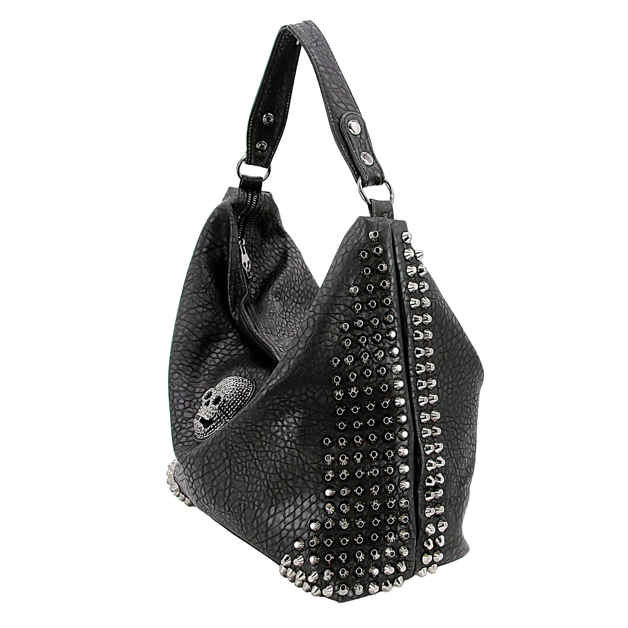 Extra big oversized studded vinyl slouchy hobo tote bag large purse studded skull black