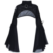 Sheer Black Mesh Top with High Neck and Flared Sleeves