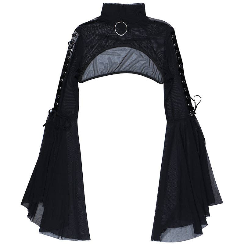 Sheer Black Mesh Top with High Neck and Flared Sleeves