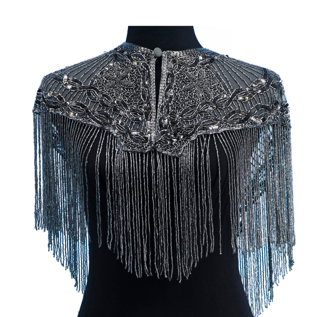 Pewter beaded fringed scarf shawl, intricate beaded shawl with fringe, elegant gothic scarf for party or event, versatile pewter scarf shawl, dramatic fringe details.