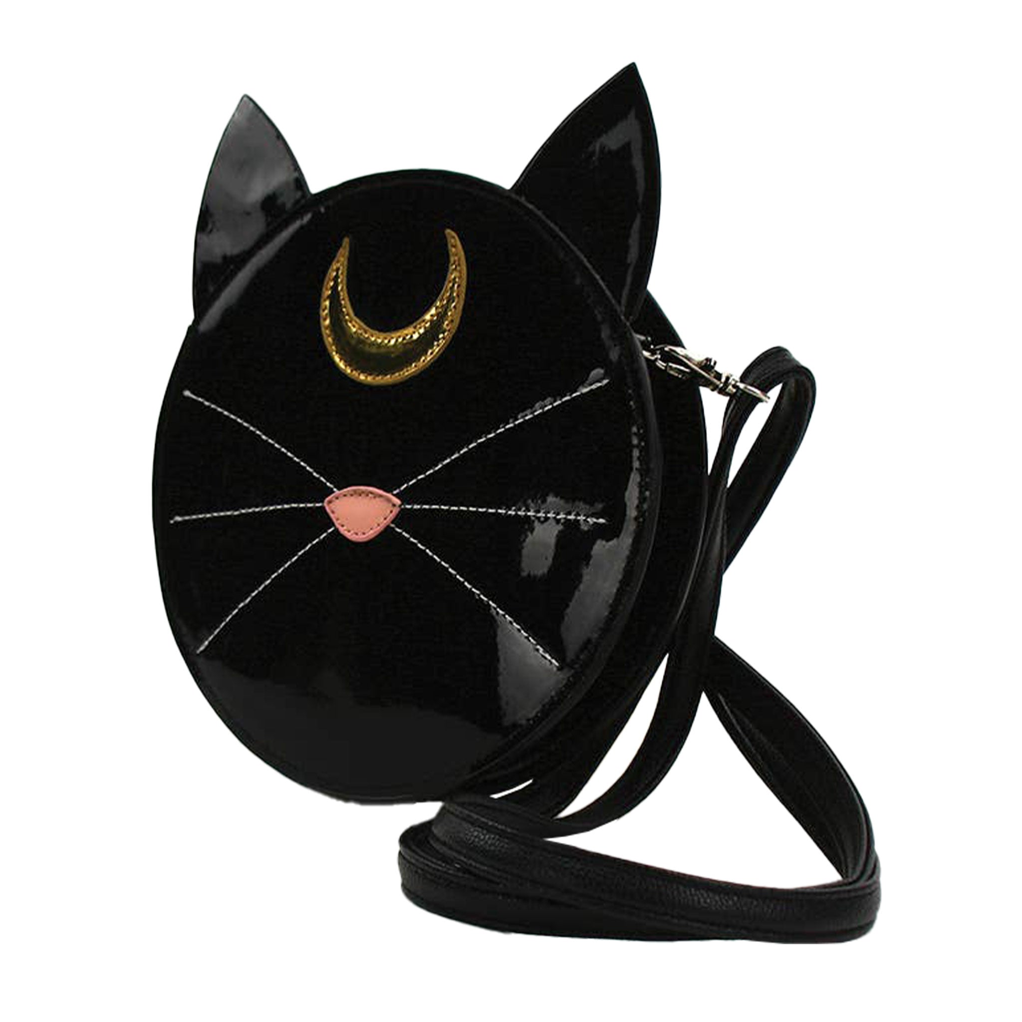 Glossy vinyl cat face crossbody bag goth halloween anime crescent moon luna mystical black