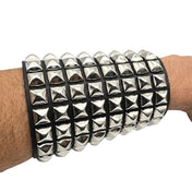 Leather genuine-leather accessories arm-gear wrist-cuff wrist pyramid-studs studded studs snap-button press-stud matte-finish flexible supple fetish fashion alt-fashion alternative rock heavy-metal punk goth gothic cyber bondage bdsm bdsm-gear restraints costume cosplay halloween halloween-accessories male masculine masc mens menswear guys dudes unisex black silver