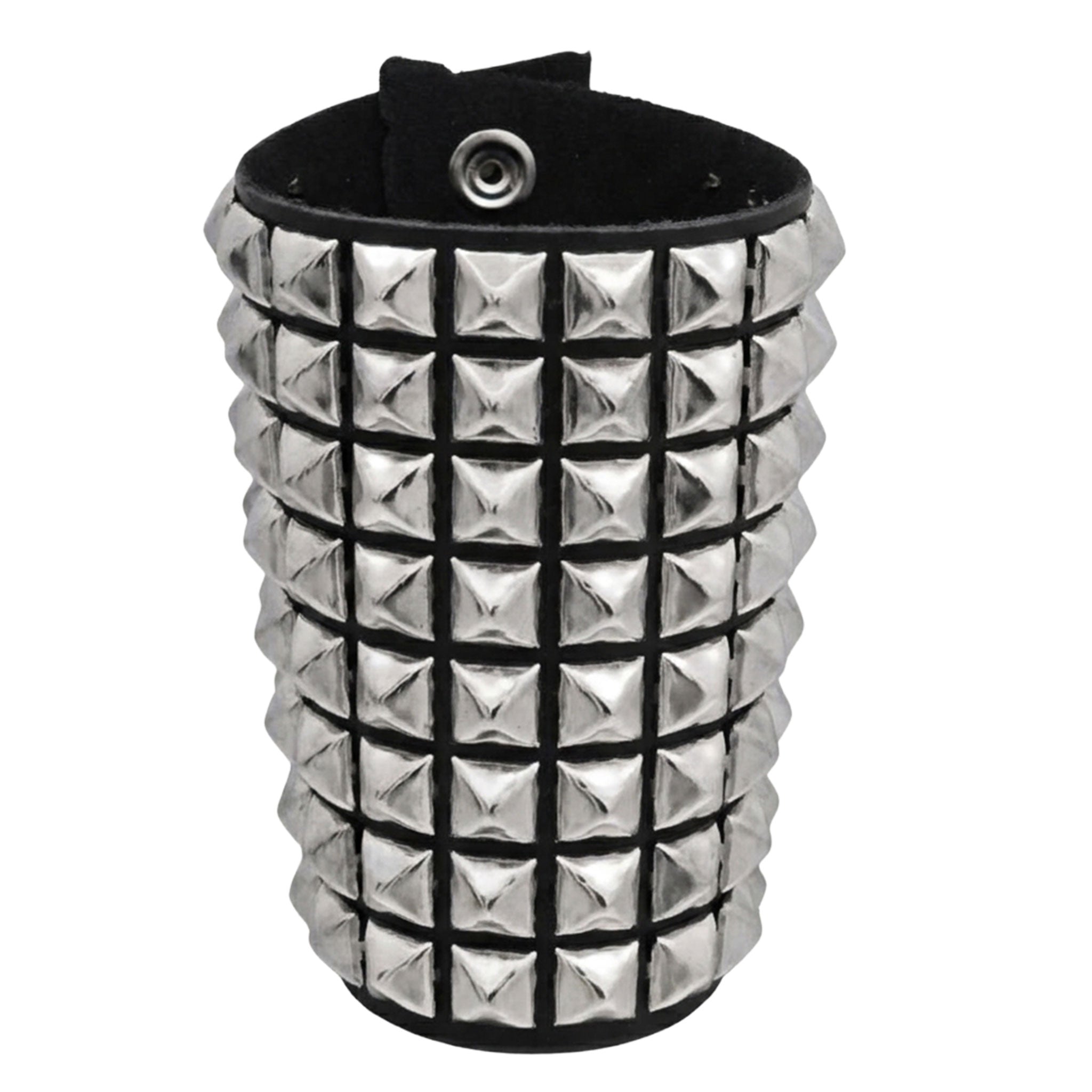 Leather genuine-leather accessories arm-gear wrist-cuff wrist pyramid-studs studded studs snap-button press-stud matte-finish flexible supple fetish fashion alt-fashion alternative rock heavy-metal punk goth gothic cyber bondage bdsm bdsm-gear restraints costume cosplay halloween halloween-accessories male masculine masc mens menswear guys dudes unisex black silver