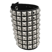 Leather genuine-leather accessories arm-gear wrist-cuff wrist pyramid-studs studded studs snap-button press-stud matte-finish flexible supple fetish fashion alt-fashion alternative rock heavy-metal punk goth gothic cyber bondage bdsm bdsm-gear restraints costume cosplay halloween halloween-accessories male masculine masc mens menswear guys dudes unisex black silver