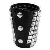 Leather genuine-leather accessories arm-gear wrist-cuff wrist pyramid-studs studded studs snap-button press-stud matte-finish flexible supple fetish fashion alt-fashion alternative rock heavy-metal punk goth gothic cyber bondage bdsm bdsm-gear restraints costume cosplay halloween halloween-accessories male masculine masc mens menswear guys dudes unisex black silver