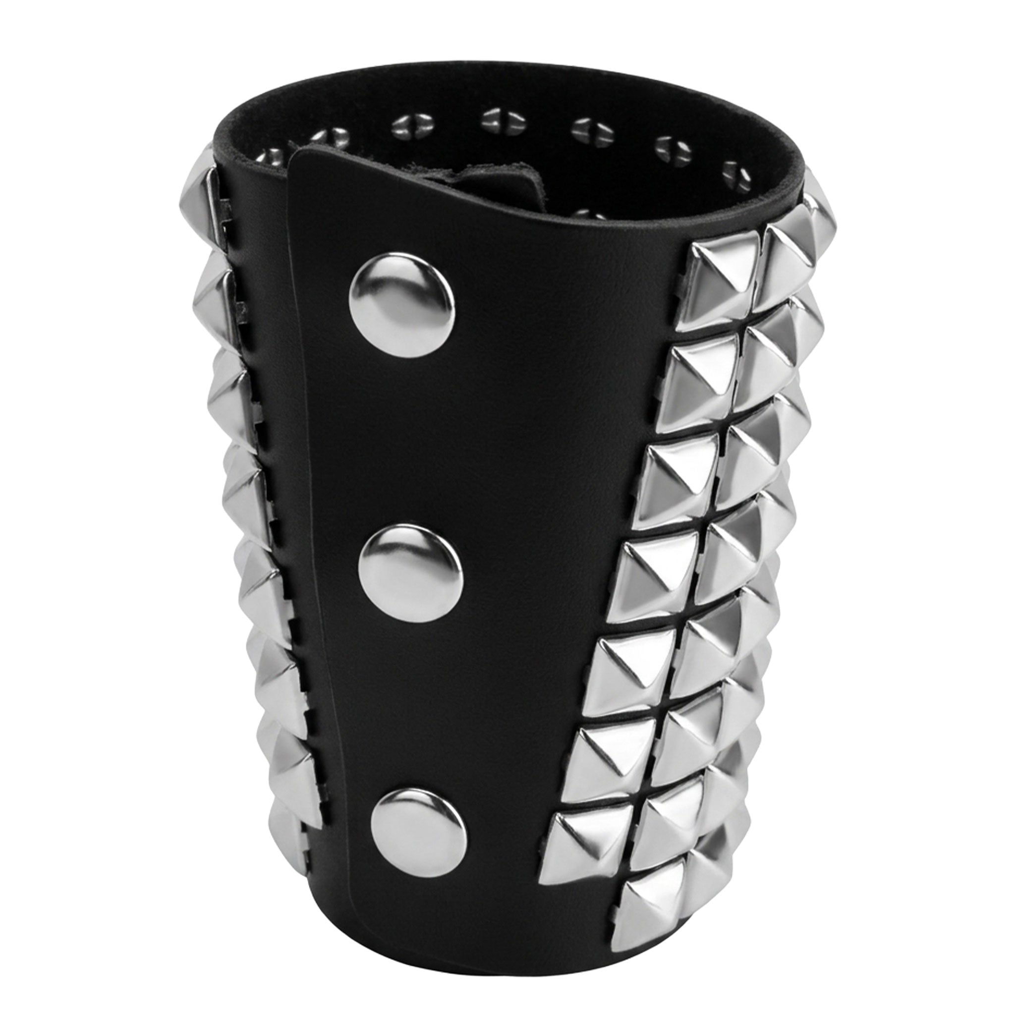 Leather genuine-leather accessories arm-gear wrist-cuff wrist pyramid-studs studded studs snap-button press-stud matte-finish flexible supple fetish fashion alt-fashion alternative rock heavy-metal punk goth gothic cyber bondage bdsm bdsm-gear restraints costume cosplay halloween halloween-accessories male masculine masc mens menswear guys dudes unisex black silver