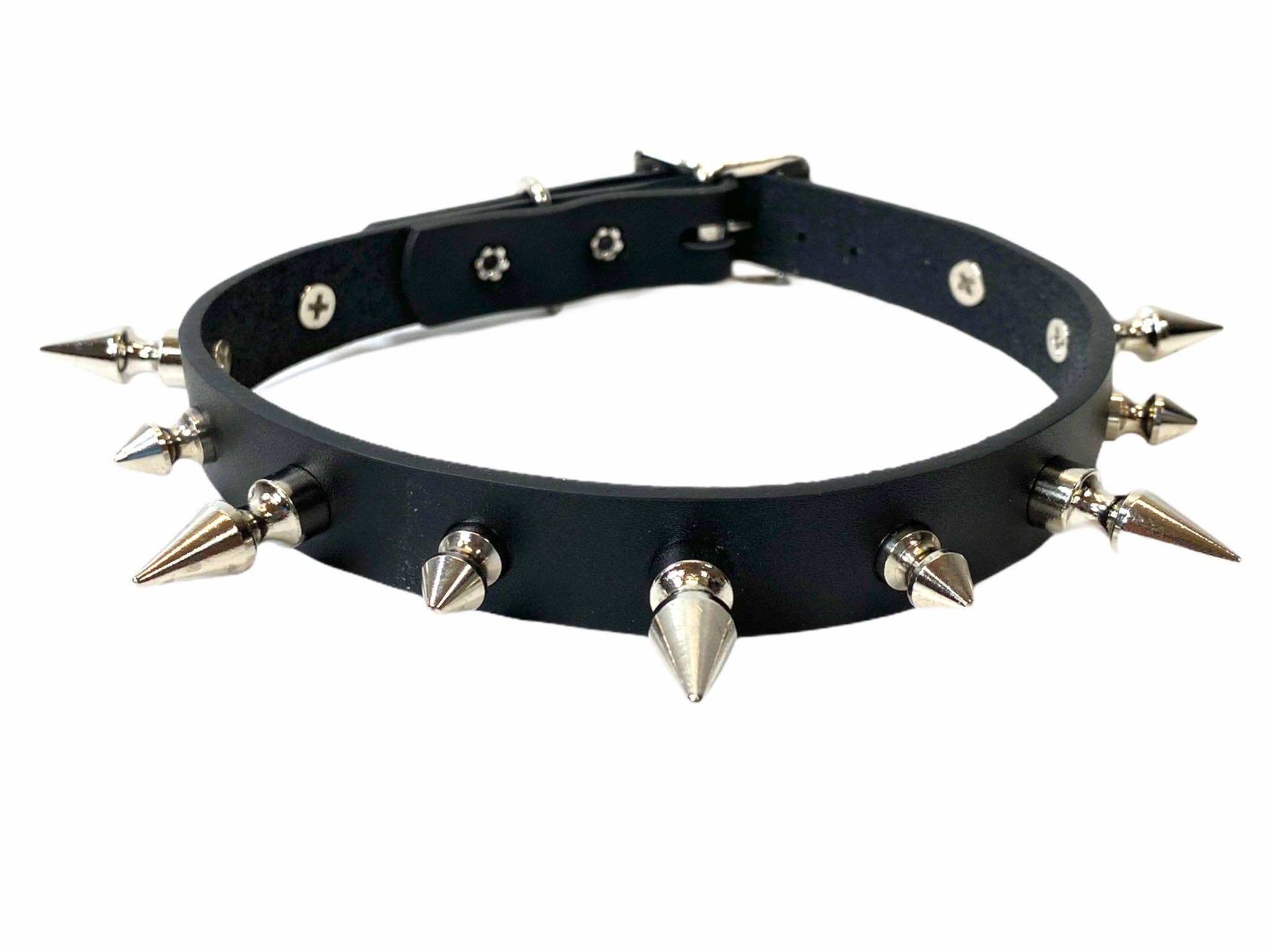 3/4" BLACK LEATHER CHOKER WITH 1/2" AND 1" SPIKES