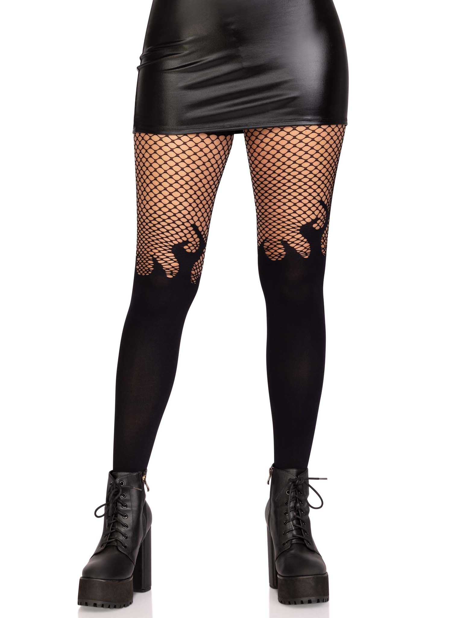 Opaque Flames Fishnet Pantyhose- O/S