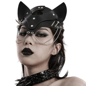 Faux leather fox mask with hanging chains, black leather mask with cascading chains, edgy gothic mask for parties, fox mask cosplay accessory, sleek black mask with chains.