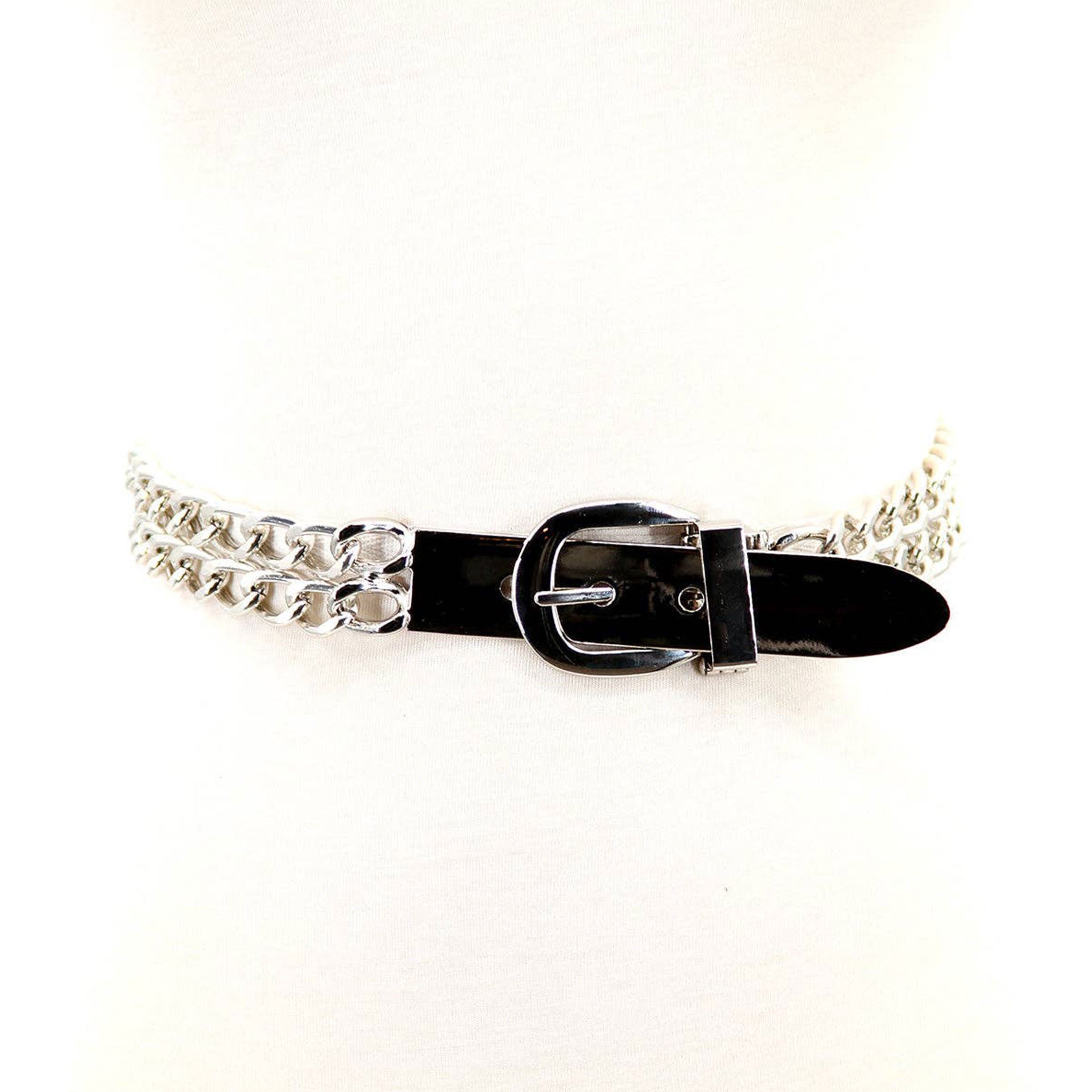 Shiny metallic double cuban link chain belt ergonomically curved tip buckle goth halloween silver