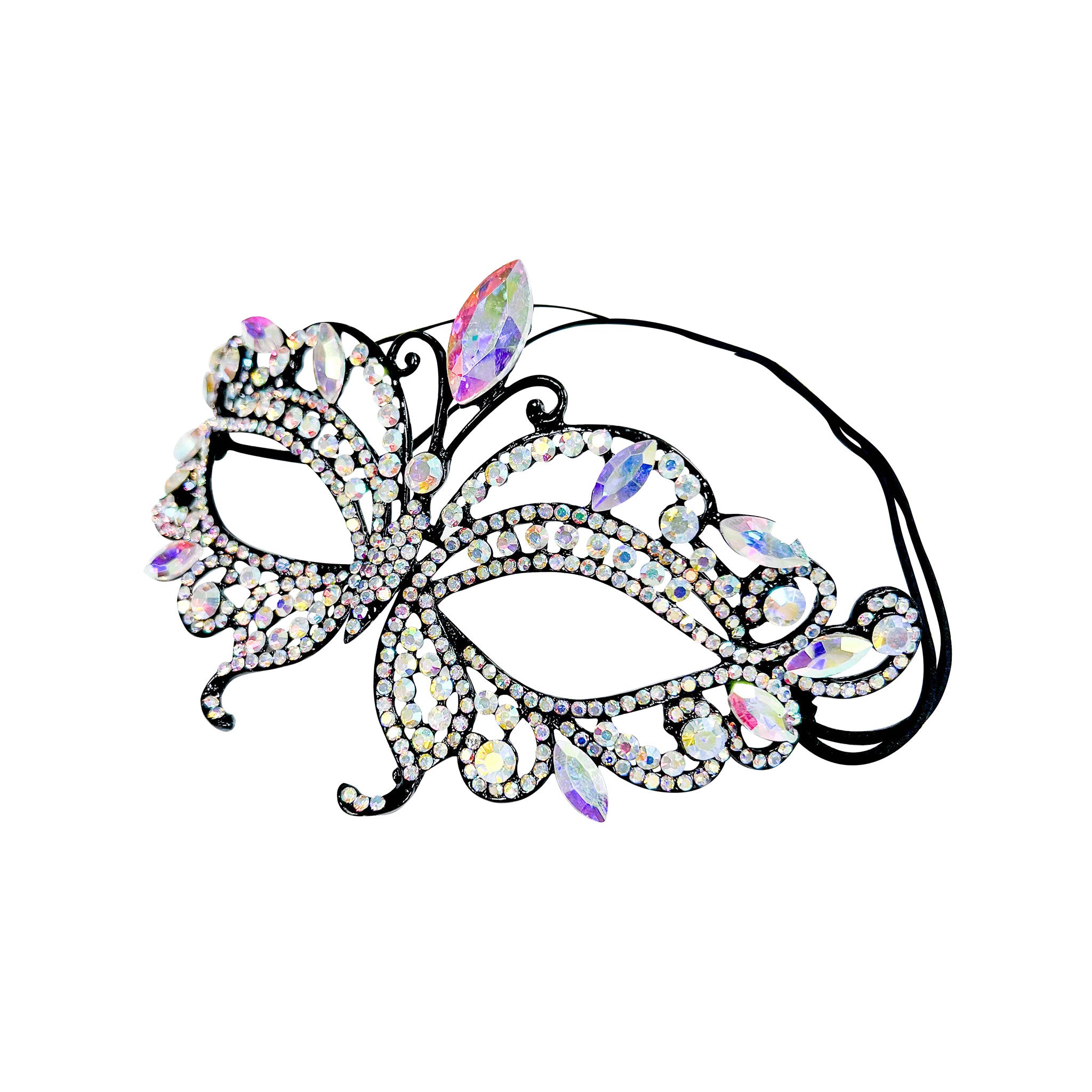 Metallic-alloy rhinestone crystals ab-crystals cast-metal molded-metal molded accessories head-gear masks eye-mask eyemask masquerade encrusted glamorous luxury luxurious intricate sleek elegant fashion alt-fashion festival drip dazzling formal party costume cosplay halloween black iridescent aurura-borealis 