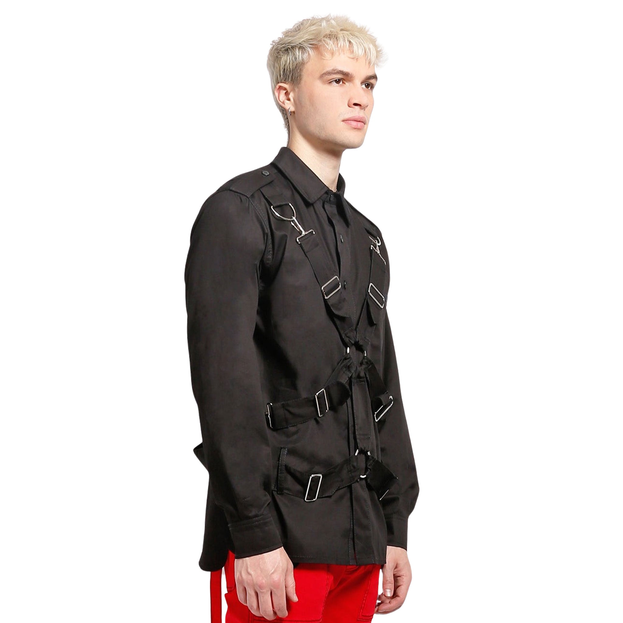 Cotton top shirt jacket long-sleeve long sleeve button-down button down parachute harness straps bondage straps unisex bdsm black