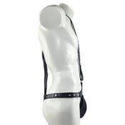 Leather faux-leather synthetic-leather apparel intimates lingerie underwear shorts singlet wrestling shorts snap-button press-stud adjustable D-ring side-buckles sleeveless fetish fashion alt-fashion punk steampunk industrial bondage bdsm bdsm-fashion kink kinky kinky-gear kinkwear male masculine masc mens menswear guys dudes black
