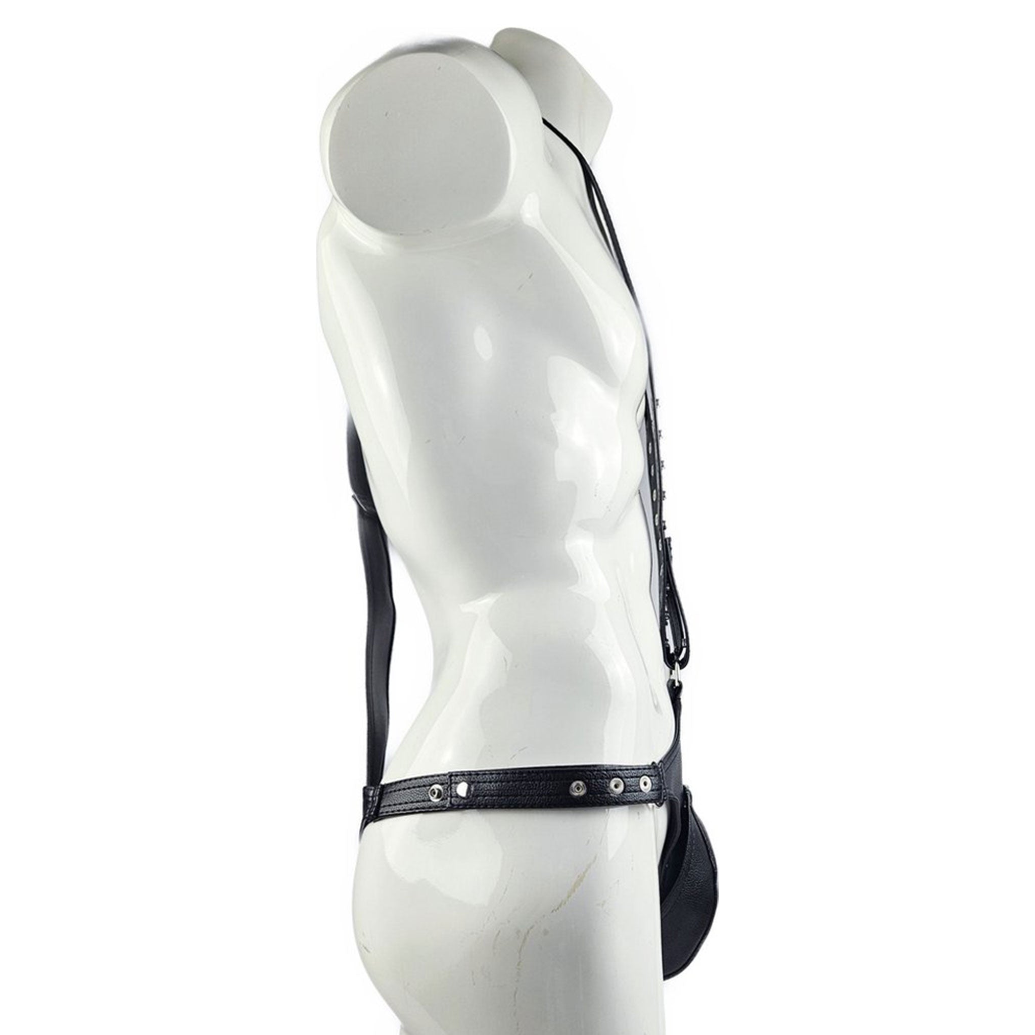 Leather faux-leather synthetic-leather apparel intimates lingerie underwear shorts singlet wrestling shorts snap-button press-stud adjustable D-ring side-buckles sleeveless fetish fashion alt-fashion punk steampunk industrial bondage bdsm bdsm-fashion kink kinky kinky-gear kinkwear male masculine masc mens menswear guys dudes black