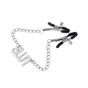 Metal metallic rubber chain accessories nipple nipple-clamps rubber-tipped screw-clamps adjustable name-plate statement-plate hanging-chain suspended shiny glossy high-polish mirror-shine comfortable fetish fashion alt-fashion alternative bedroom dungeon bondage bdsm bdsm-toys kink kinky kinky-play nipple-play nipple-toys sensory-play pain pinch pressure unisex adult-toys silver slut 